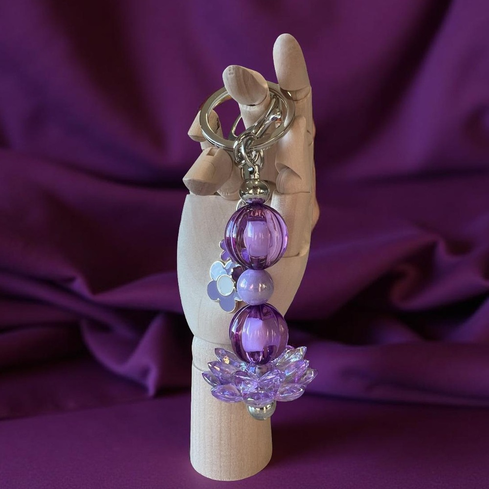 Purple Beaded Keychain with Lotus Charm